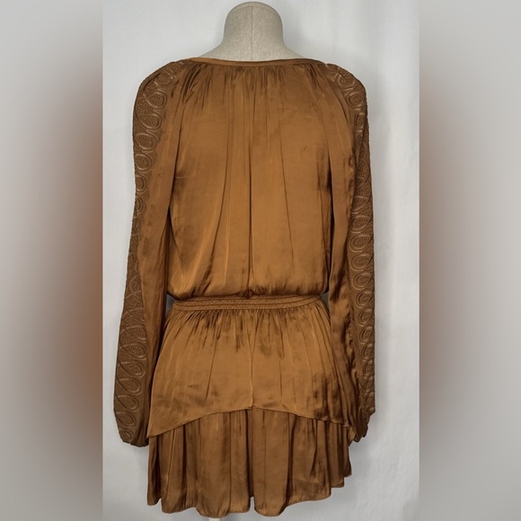 EUC Ramy Brook Smocked Metallic Mini Carmel Gathered Dress. Retail $548 - Picture 3 of 7